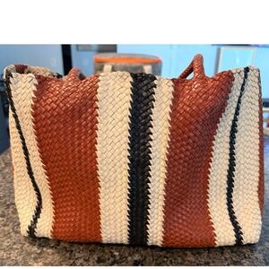 Madewell Transport Tote Woven Leather Striped Bag Brown Cream Black Large